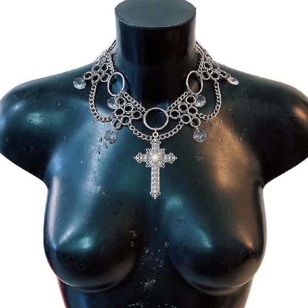 Silver Multi Layered Statement Choker Necklace Pearl Crucifix Cross Multi Pendant O Ring Gothic Style Festival Chainmail