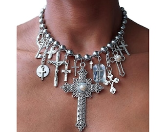 Handgemaakte grote zilveren bal ketting statement choker ketting parel kruisbeeld kruis meerdere kruis hangers gotische stijl festival goth punk stijl