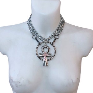 Unisex Chunky Sliver Curb Chain Silver O Ring Large Cross Pendant Statement Utility Rave Wear Festival Wear Necklace Choker Gift Halloween