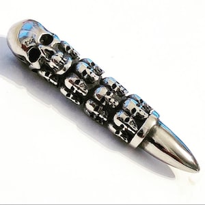 Mens Womens Stainless Steel Silver Ball Chain Silver Solid Silver Bullet Skull Engraved Pendent  Charm Necklace