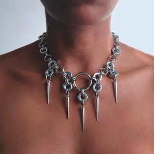 Handmade Stainless Steel Statement Gothic Two Tone Sliver Nut Chainmail Spike Necklace Men&#39;s Women&#39;s Unisex Choker Halloween Christmas Gift