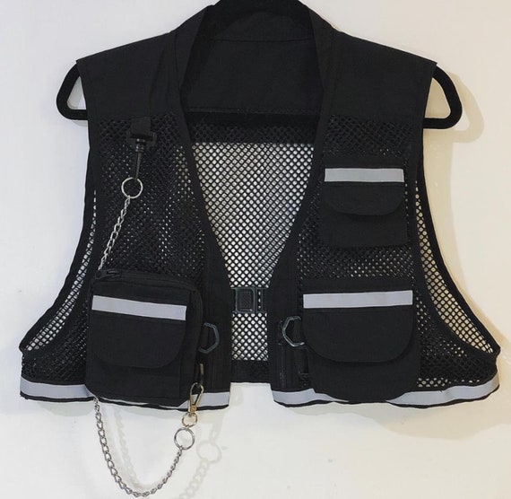 Womens Cropped Reflective Black Mesh Utility Vest Rave Wear Streetwear,  Retro Style Y2K Urban Wear Vest Multi Pocket , Festival Wear, -  Canada