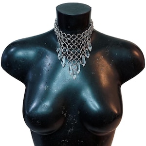 Stainless Steel Statement Gothic Choker Necklace Clear Faceted Chainmail Drop Chain Necklace Waterfall Choker Birthday Gift For Her Silver