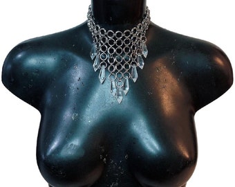 Stainless Steel Statement Gothic Choker Necklace Clear Faceted Chainmail Drop Chain Necklace Waterfall Choker Birthday Gift For Her Silver