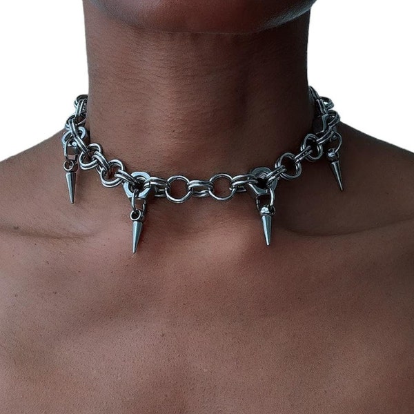 Super Cute Beautiful Stainless Steel Statement Gothic Sliver Nut Chainmail Spike Necklace Christmas Gift Festival Choker Rave Outfit