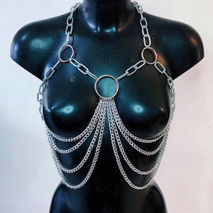 Handmade Men&#39;s Women&#39;s Super Industrial Heavy Duty Silver Multi Chain Layered O Ring Body Chain Harness Rave Wear Gothic Style Body Jewelry