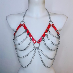 Vegan Red Faux Leather Chain Harness Bra Gothic Style  Multi Chain Bondage Harness Chain Bra
