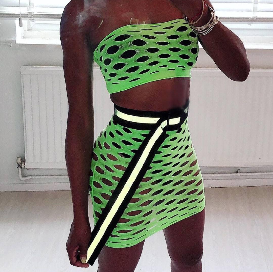 Neon Green Fishnet 2 Piece Boob Tube Matching Skirt Set Etsy UK
