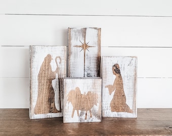 Nativity Set, Wooden Nativity Set, Wooden Block Nativity, Manger Set, Joy to the World, Christmas Nativity, Christmas Decor