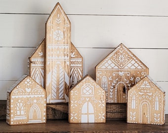 Gingerbread Village Christmas Decor | Wooden Holiday Kitchen Mantel Farmhouse Decoration