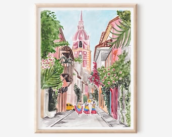 Lámina de Cartagena - Arte mural de Colombia - Póster de Latinoamérica - Paisaje urbano de Cartagena - Arte colombiano - Arte urbano colorido - Arte español