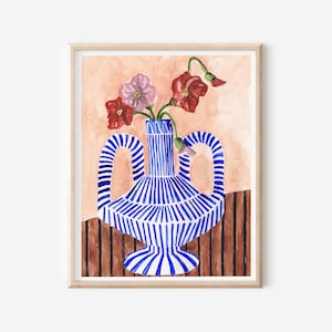 Impresión de flores en jarrón - Póster floral - Impresión de naturaleza muerta - Decoración de pared con flores - Póster botánico - Arte de pared de cocina - Impresión de jarrón azul