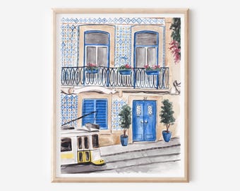 Portugal Art Print - Lisbon Poster - Traditional Tile Painting - Portuguese Gift - Alfama Tram Wall Art - Travel Print