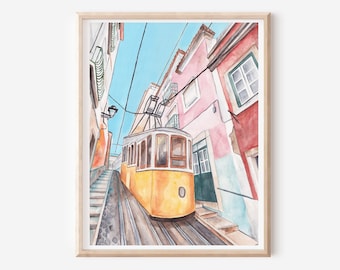 May include: A watercolor painting of a yellow tram traveling up a steep, cobblestone street in Lisbon, Portugal. The buildings on either side of the street are painted in shades of pink, red, and blue.