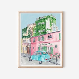 Stampa La Maison Rose Montmartre - Decorazione murale parigina - Stampa artistica parigina - Dipinto di una casa rosa - Scena di strada francese - Paesaggio urbano di Parigi
