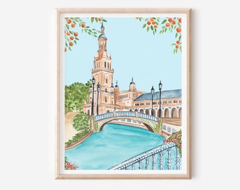 Seville Art Print - Spain Poster - Plaza De Espana - Travel Poster - Spanish Wall Decor - Seville Painting - Spain Wall Art