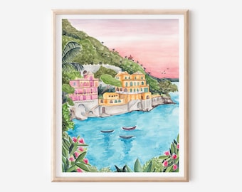 Stampa artistica di Portofino - Poster Italia - Stampa Riviera italiana - Decorazione murale di Portofino - Paesaggio tropicale - Illustrazione di viaggio nel Mediterraneo
