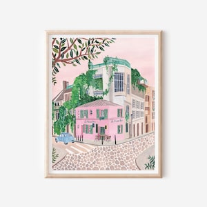 Impresión de Montmartre - La Maison Rose - Arte de la pared de París - Cartel parisino - Escena de la calle francesa - Paisaje urbano de París - Impresión de arte de Francia