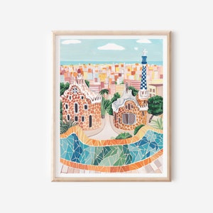 May include: A colorful illustration of a park in Barcelona, Spain. The illustration features a mosaic tiled pathway, a building with a unique, organic design, and a tall tower in the background. The sky is blue with white clouds.