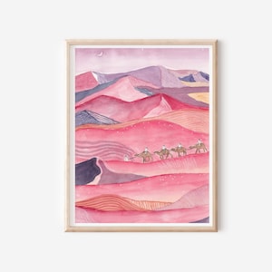Lámina artística del desierto rosa - Póster del Sahara - Decoración de pared de Marruecos - Ilustración de camellos - Paisaje abstracto - Pintura de dunas de arena - Impresión de África