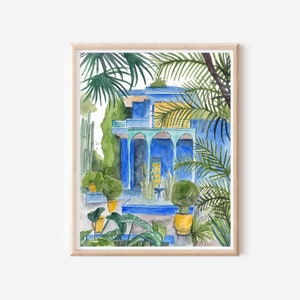 Stampa Jardin Majorelle - Decorazione murale di Marrakech - Arte del giardino botanico - Arte con piante tropicali - Illustrazione di viaggio e vacanza - Stampa del Marocco