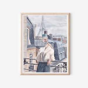 Paris Travel Print - Parisian Balcony Art - Eiffel Tower Poster - French Rooftop Wall Decor - Woman Illustration - Blue France Cityscape