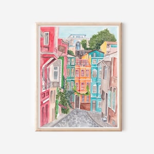 Stampa artistica di Istanbul - Decorazione murale della Turchia - Poster di viaggio colorato - Paesaggio urbano di Istanbul - Facciata dell'edificio - Poster di viaggio retrò - Arte boho