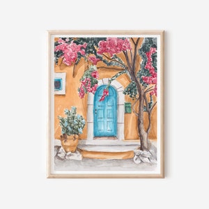 Stampa artistica sulla porta della Grecia - Poster Assos - Stampa artistica sulla porta blu - Arte delle bouganville - Decorazione murale greca - Arte murale greca - Regalo da viaggio