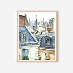 Tetti francesi - Stampa acquerello blu di Parigi - Scena di città parigina - Arte di viaggio in Francia - Stampa artistica di edifici - Arte architettonica