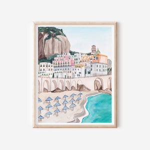 Stampa artistica di Atrani - Poster della Costiera Amalfitana - Stampa artistica da parete in Italia - Poster di Positano - Stampa italiana - Decorazione da parete per la spiaggia - Regalo di viaggio in Europa