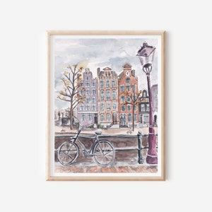 Stampa artistica di Amsterdam - Poster dei Paesi Bassi - Stampa dell&#39;Olanda - Decorazione murale olandese - Stampa delle case sui canali - Paesaggio europeo