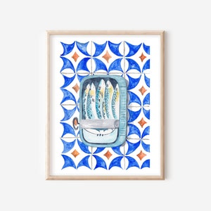 Sardine Print - Fish Wall Art - Portuguese Traditional Tile Art - Sardines Tin Poster - Vintage Kitchen Wall Decor - Food Illustration