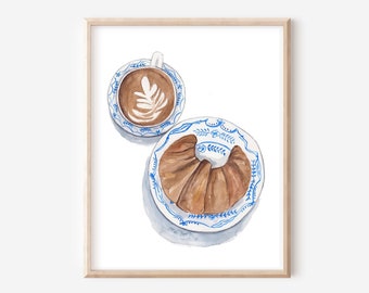 Koffie Croissant Art - Brunch Club Print - Frans eten Poster - Ontbijt Print - moderne keukenkunst - Boho Wall Decor - Foodie cadeau