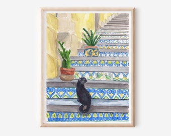 Sicily Steps Print - Cat Vintage Art Print - Sicilian Tiles Art - Mediterranean Art - Plants Poster - Gift For Cat Lover - Traditional Tiles