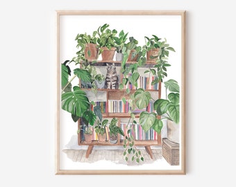 May include: A watercolor painting of a bookshelf filled with plants and books. A cat is sitting on a shelf, surrounded by greenery. The bookshelf is made of wood and has a light brown finish.
