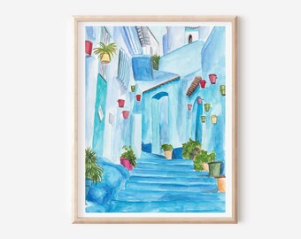 モロッコ ブルーシティ 水彩画ポスター：シェフシャウエンの旅のアート