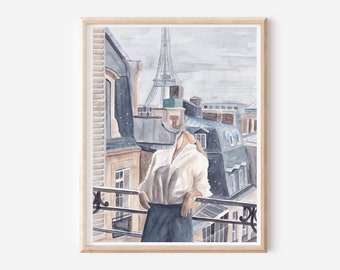 Paris Travel Print - Parisian Balcony Art - Eiffel Tower Poster - French Rooftop Wall Decor - Woman Illustration - Blue France Cityscape