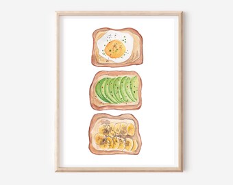 Toast Art Print - Breakfast Wall Art - Food Poster - Egg Art - Avocado Toast Art - Foodie Poster - Modern Kitchen Art - Bread Illustration