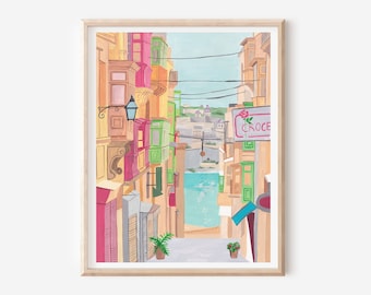 Valletta Art Print - Malta Poster - Valletta Wall Decor - Malta Wall Art - Europe Painting - Travel Gift - Mediterranean Art