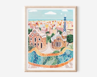 Barcelona Art Print - Park Güell - Spanje poster - Spaans wanddecoratie - Europa reizen print - Barcelona stadsgezicht muurkunst