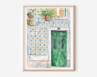 Lisbon Print - Portugal Print - Green Door Art Print - Traditional Tile Painting - Lisbon Wall Art - Portuguese Gifts - Architecture Art