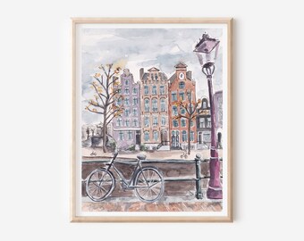 Amsterdam Kunstdruck - Niederlande Poster - Holland Druck - Niederländische Wanddekoration - Grachtenhäuser Druck - Europäische Landschaft