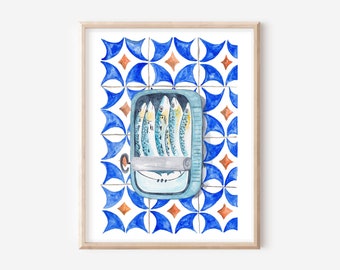 Sardine Print - Fish Wall Art - Portuguese Traditional Tile Art - Sardines Tin Poster - Vintage Kitchen Wall Decor - Food Illustration