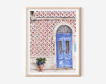 Affiche de porte bleue - impression d&#39;art de Lisbonne - décoration murale Portugal - art du carrelage traditionnel - cadeau de voyage - poster de carrelage de Lisbonne - art méditerranéen