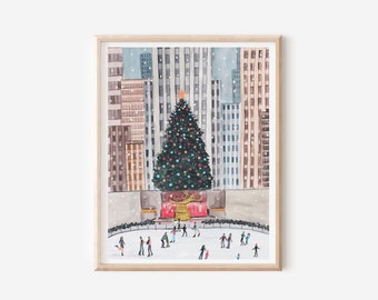 Impresión navideña - Impresión artística del Rockefeller Center - Póster de Nueva York - Impresión de patinaje sobre hielo - Arte de Nueva York - Decoración de pared navideña - Horizonte de Nueva York