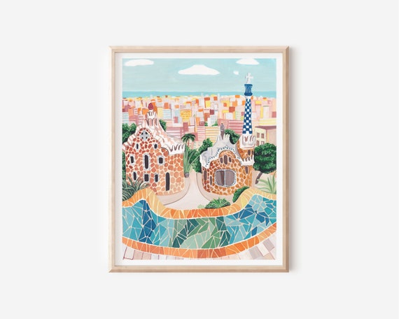 Barcelona Art Print - Park Guell - Spain Poster - Spanish Wall Decor - Europe Travel Print - Barcelona Cityscape Wall Art