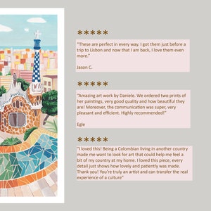 May include: A colorful painting of a park in Barcelona, Spain. The painting features a mosaic walkway, a building with a tiled roof, and a tall tower with a checkered pattern. The painting is done in a bright, whimsical style.