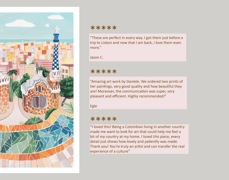 May include: A colorful painting of a park in Barcelona, Spain. The painting features a mosaic walkway, a building with a tiled roof, and a tall tower with a checkered pattern. The painting is done in a bright, whimsical style.