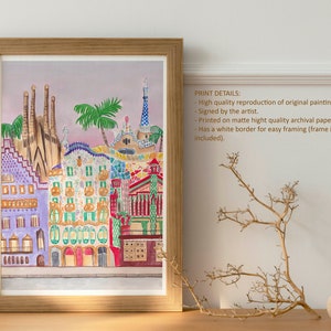 May include: A watercolor painting of colorful buildings in Barcelona, Spain. The buildings are a mix of modern and traditional styles, and they are all decorated with intricate details. The painting is set against a backdrop of a pink sky.