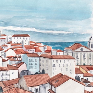 May include: Watercolor painting of a cityscape with red tile roofs and white buildings. The buildings are clustered together and there is a body of water in the distance. The sky is a light blue with white clouds.